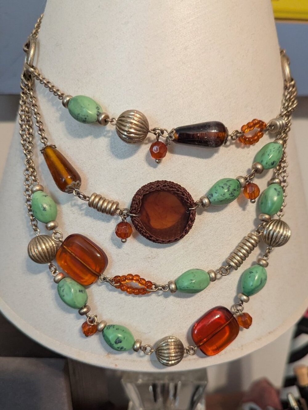 Artisan Multi-Strand Turquoise & Amber Glass Statement Necklace | Boho Southwest